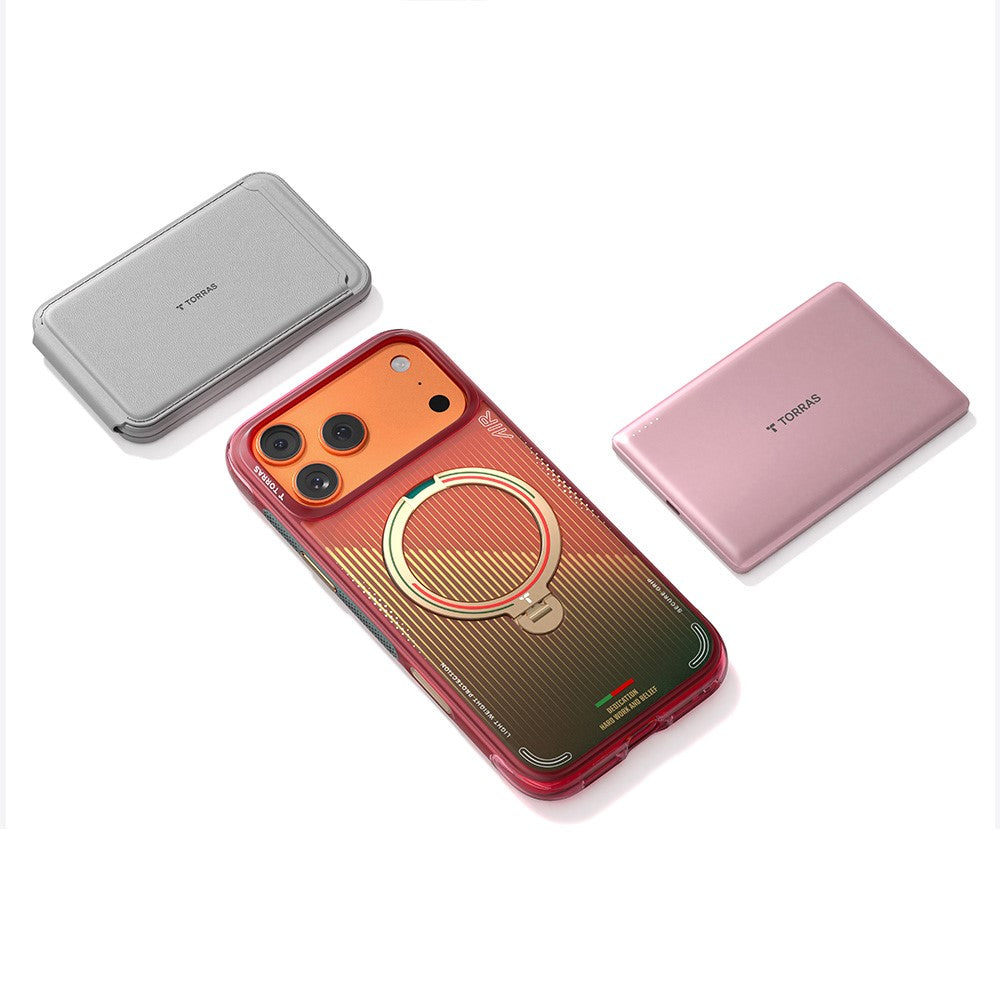 TORRAS Ostand Q3 Air limited-edition case in Glory Slash shown beside TORRAS power banks