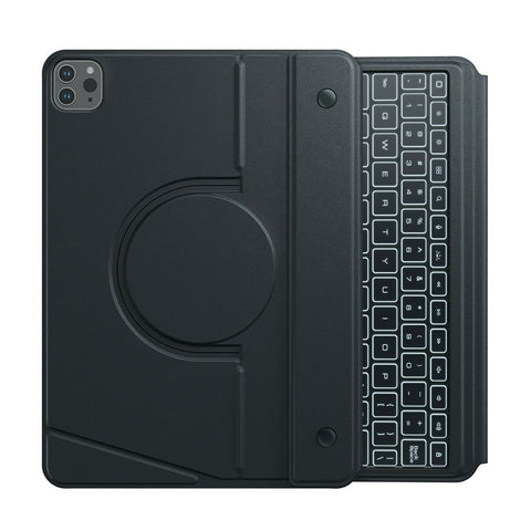 NILLKIN MagicEase keyboard case for iPad Pro 11 in Black, opened flat to show the circular rotating mount on the left panel and the backlit keyboard on the right