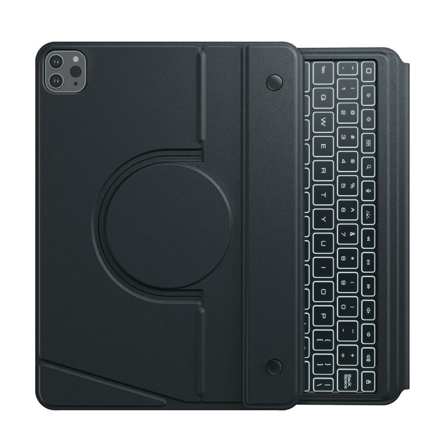 NILLKIN MagicEase keyboard case for iPad Pro 11 in Black, opened flat to show the circular rotating mount on the left panel and the backlit keyboard on the right