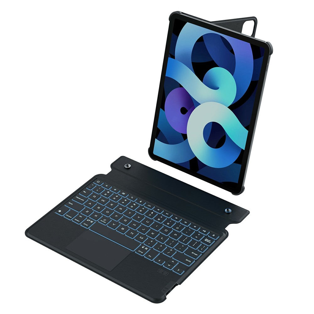 iPad held upright in the black MagicEase case with the backlit keyboard detached and sitting below it, showing the two-piece design