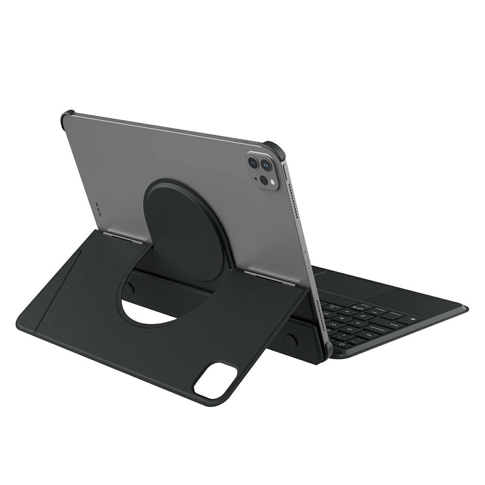 Rear three-quarter view of the black MagicEase case holding an iPad upright on its circular mount with the keyboard attached