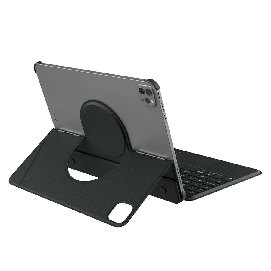 Rear three-quarter view of the black MagicEase case holding an iPad upright on its circular mount with the keyboard attached