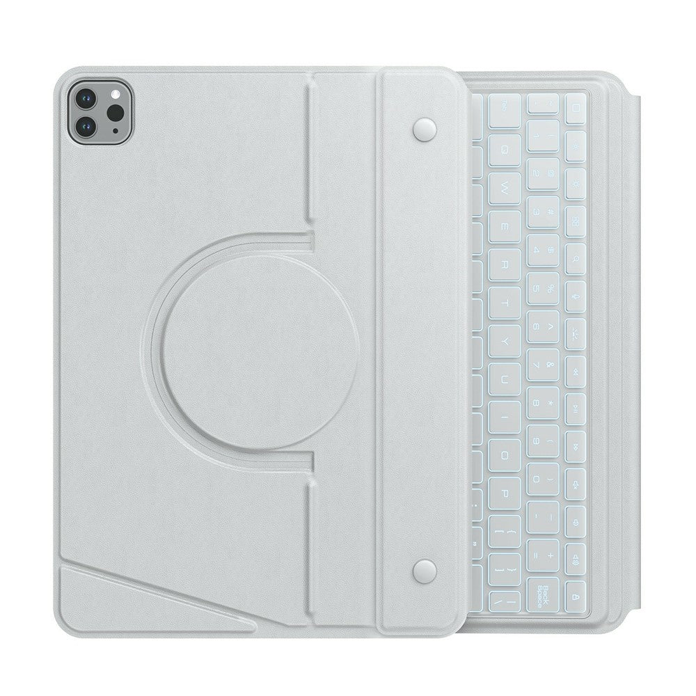 NILLKIN MagicEase keyboard case for iPad Pro 11 in Grey, opened flat to show the circular rotating mount and light grey keyboard