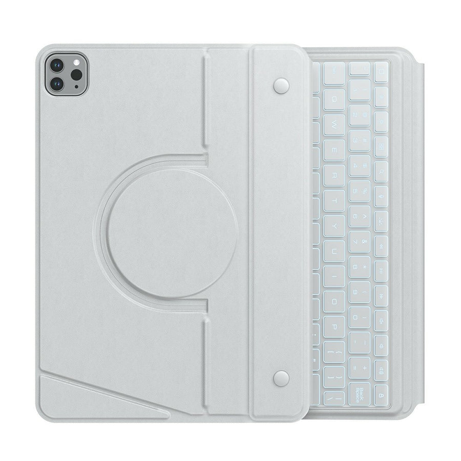 NILLKIN MagicEase keyboard case for iPad Pro 11 in Grey, opened flat to show the circular rotating mount and light grey keyboard