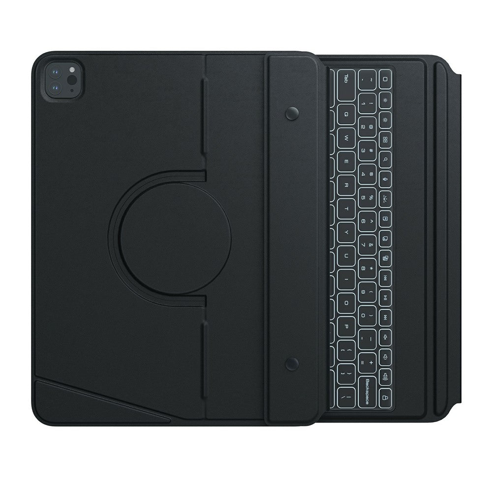 NILLKIN MagicEase keyboard case for iPad Pro 13 in Black, opened flat to show the circular rotating mount on the left panel and the backlit keyboard on the right