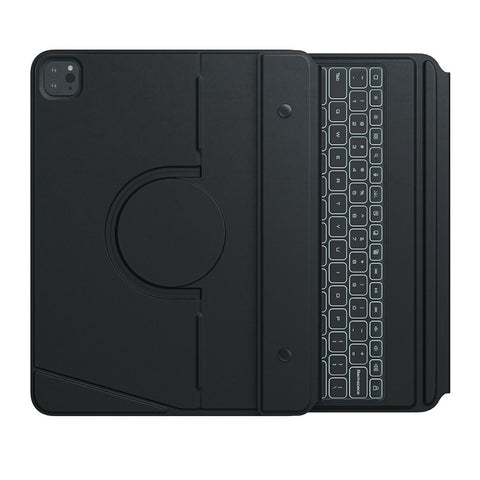 NILLKIN MagicEase keyboard case for iPad Pro 13 in Black, opened flat to show the circular rotating mount on the left panel and the backlit keyboard on the right
