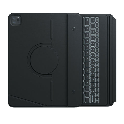 NILLKIN MagicEase keyboard case for iPad Pro 13 in Black, opened flat to show the circular rotating mount on the left panel and the backlit keyboard on the right