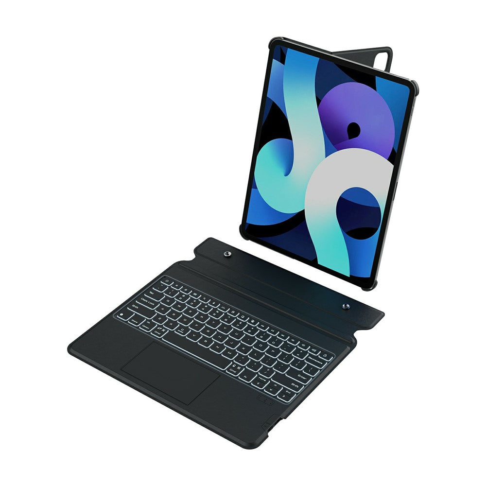 iPad held upright in the black MagicEase case with the backlit keyboard detached and sitting below it, showing the two-piece design