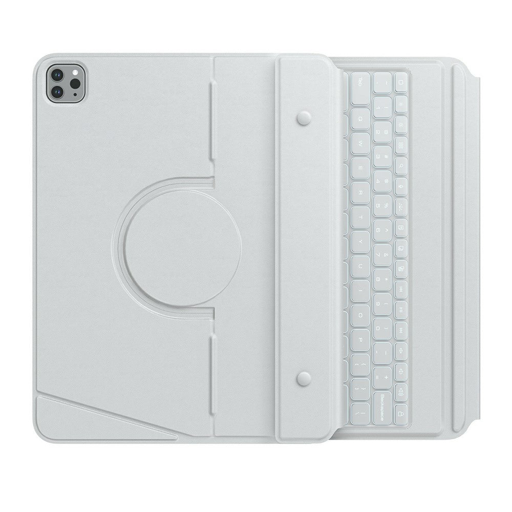 NILLKIN MagicEase keyboard case for iPad Pro 13 in Grey, opened flat to show the circular rotating mount and light grey keyboard