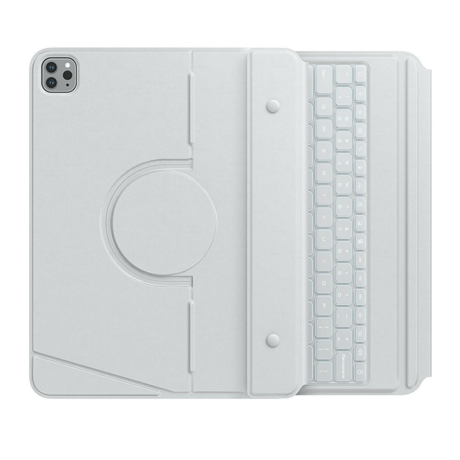 NILLKIN MagicEase keyboard case for iPad Pro 13 in Grey, opened flat to show the circular rotating mount and light grey keyboard