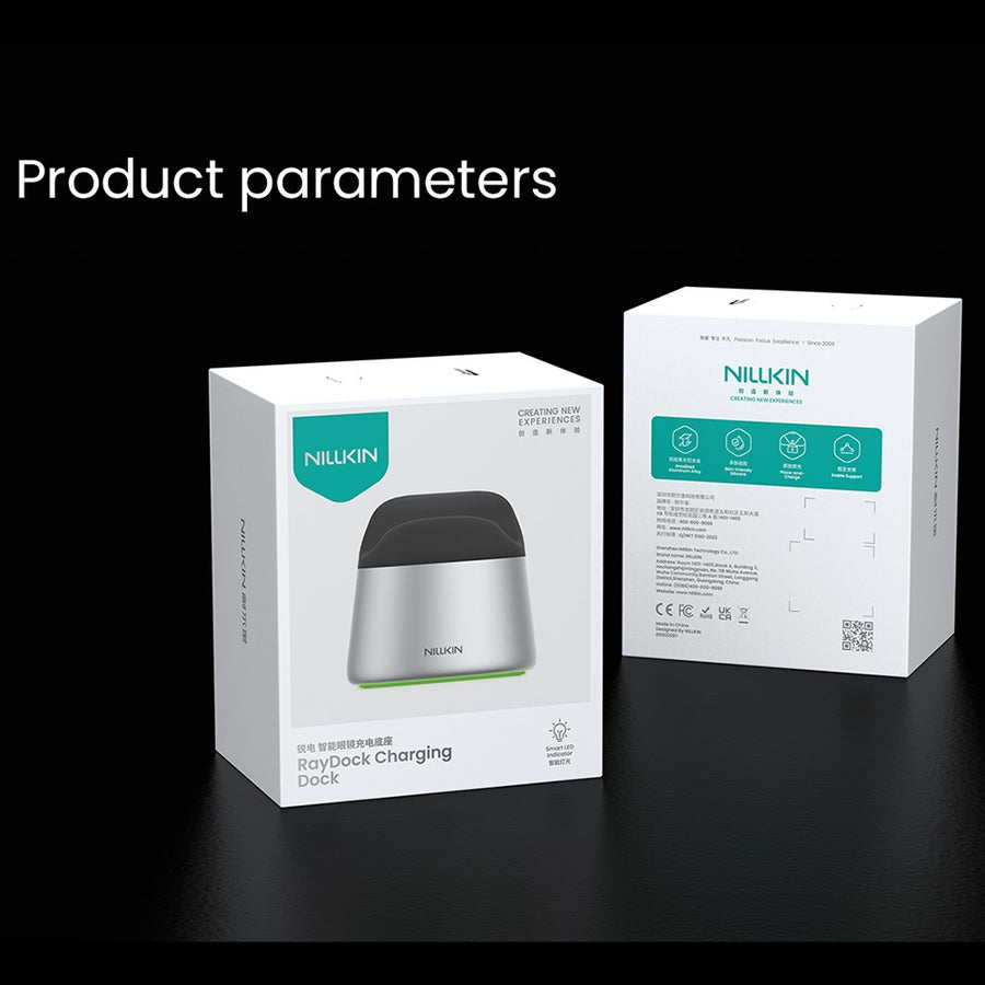 Retail packaging for the NILLKIN RayDock Charging Dock, front and rear of the box showing product parameters