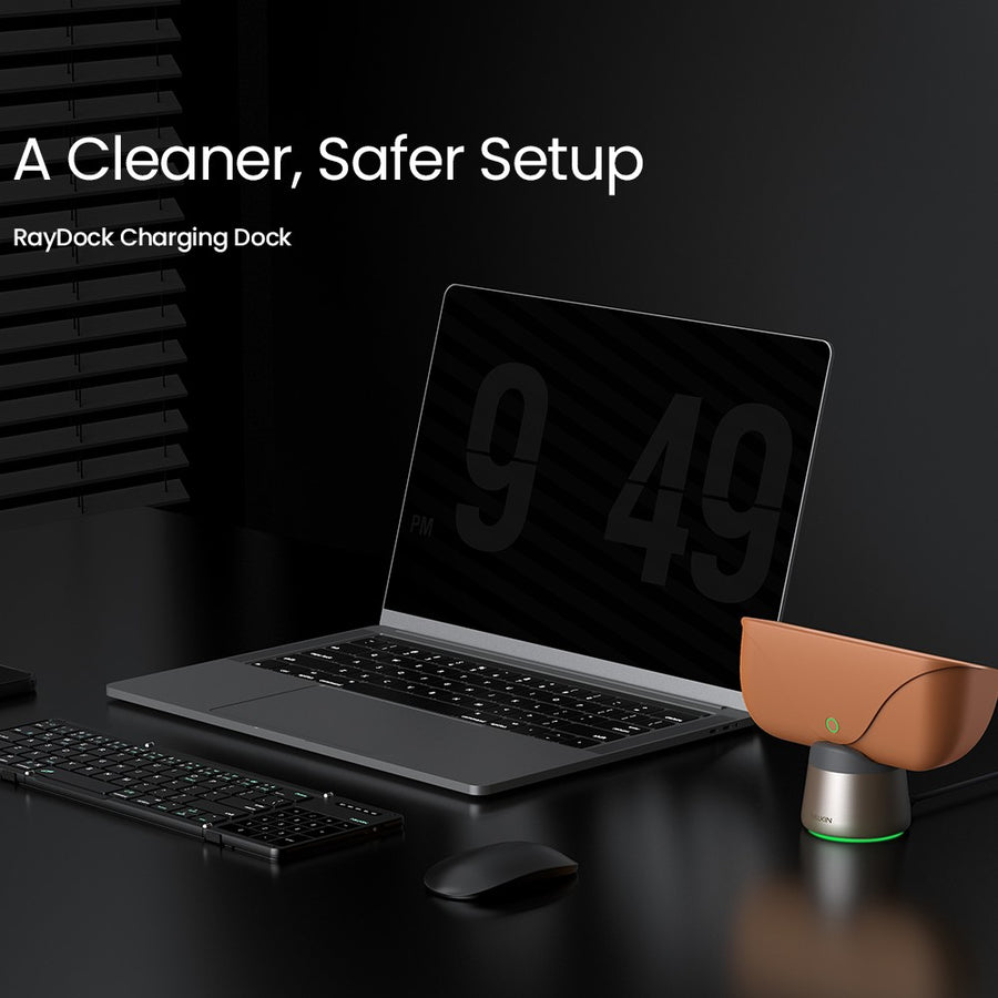Nillkin slide headed A Cleaner, Safer Setup, showing the RayDock on a desk beside a laptop with a tan glasses case resting in it