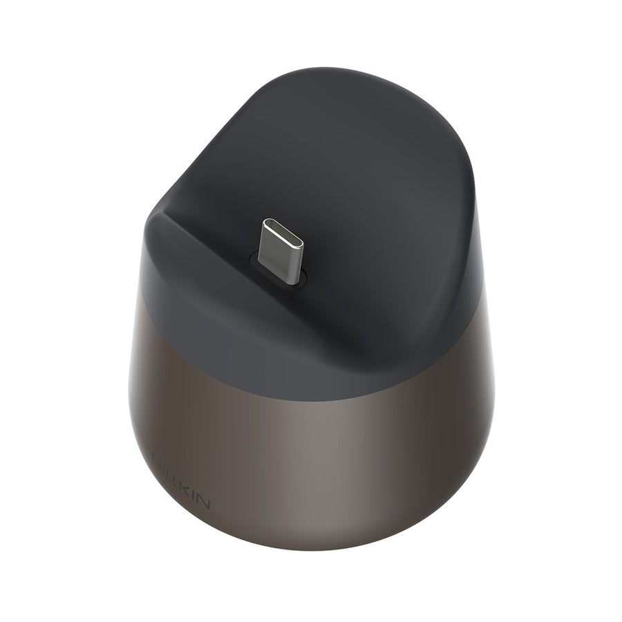 Angled top-down view into the Brown RayDock cradle, showing the upward-facing charging connector