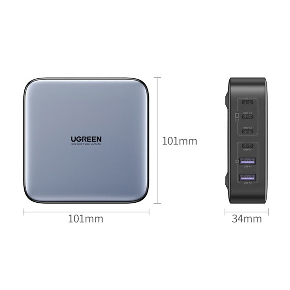 Dimension drawing of the charger: 101 x 101 mm square and 34 mm thick