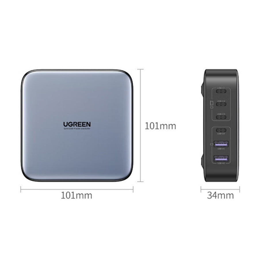 Dimension drawing of the charger: 101 x 101 mm square and 34 mm thick
