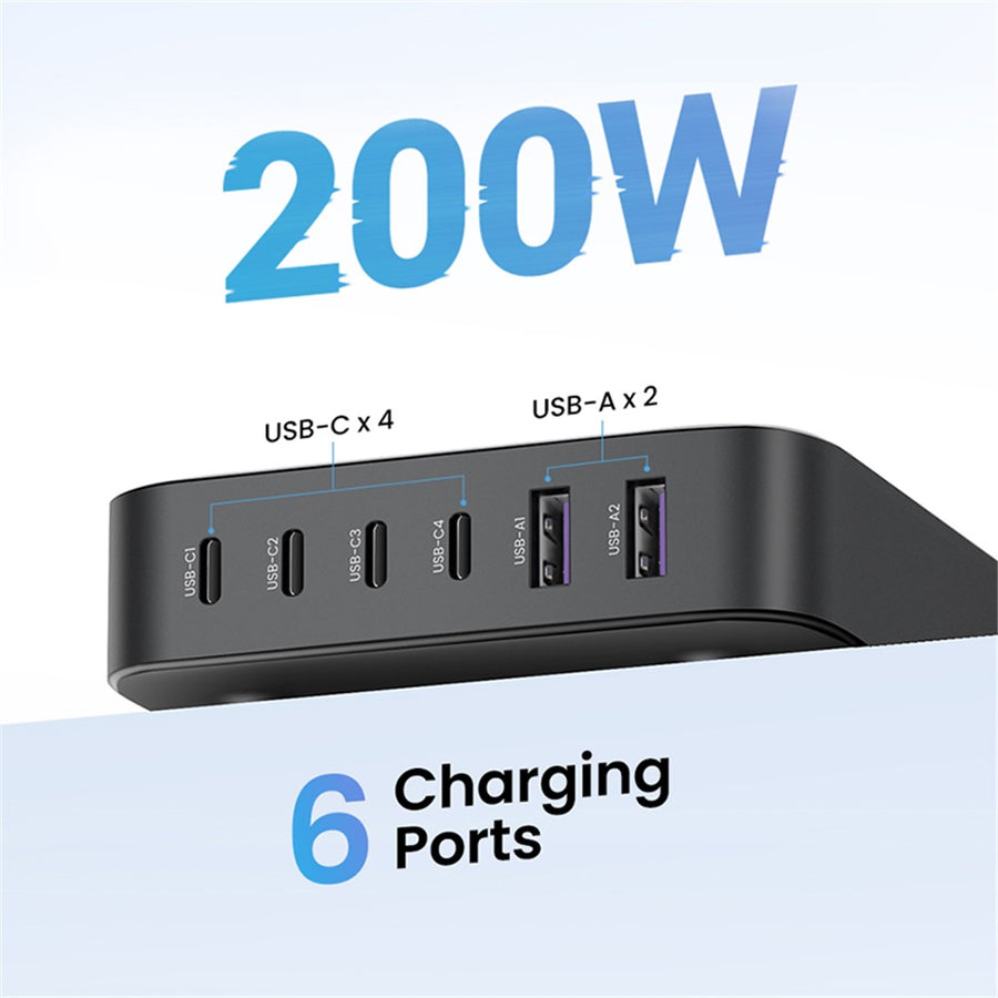 The charger's port row captioned 200W, six charging ports, four USB-C and two USB-A