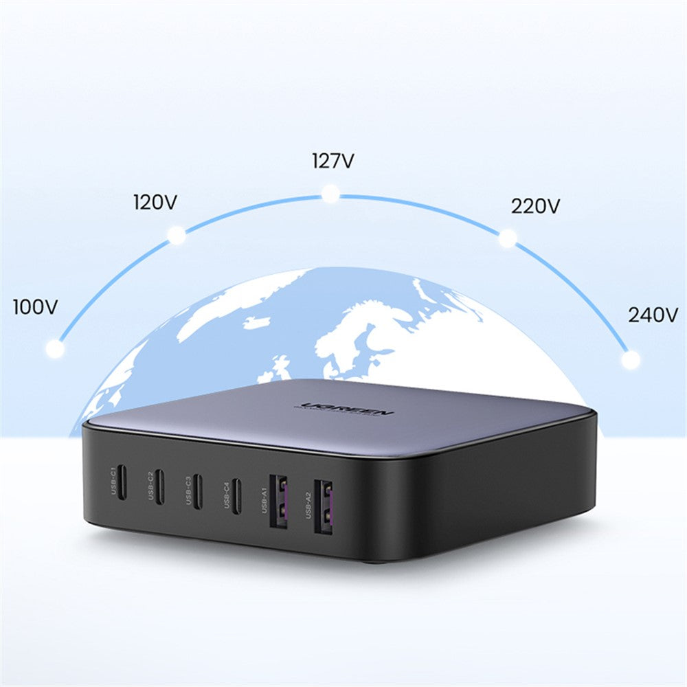 The charger in front of a globe graphic marked 100V, 120V, 127V, 220V and 240V