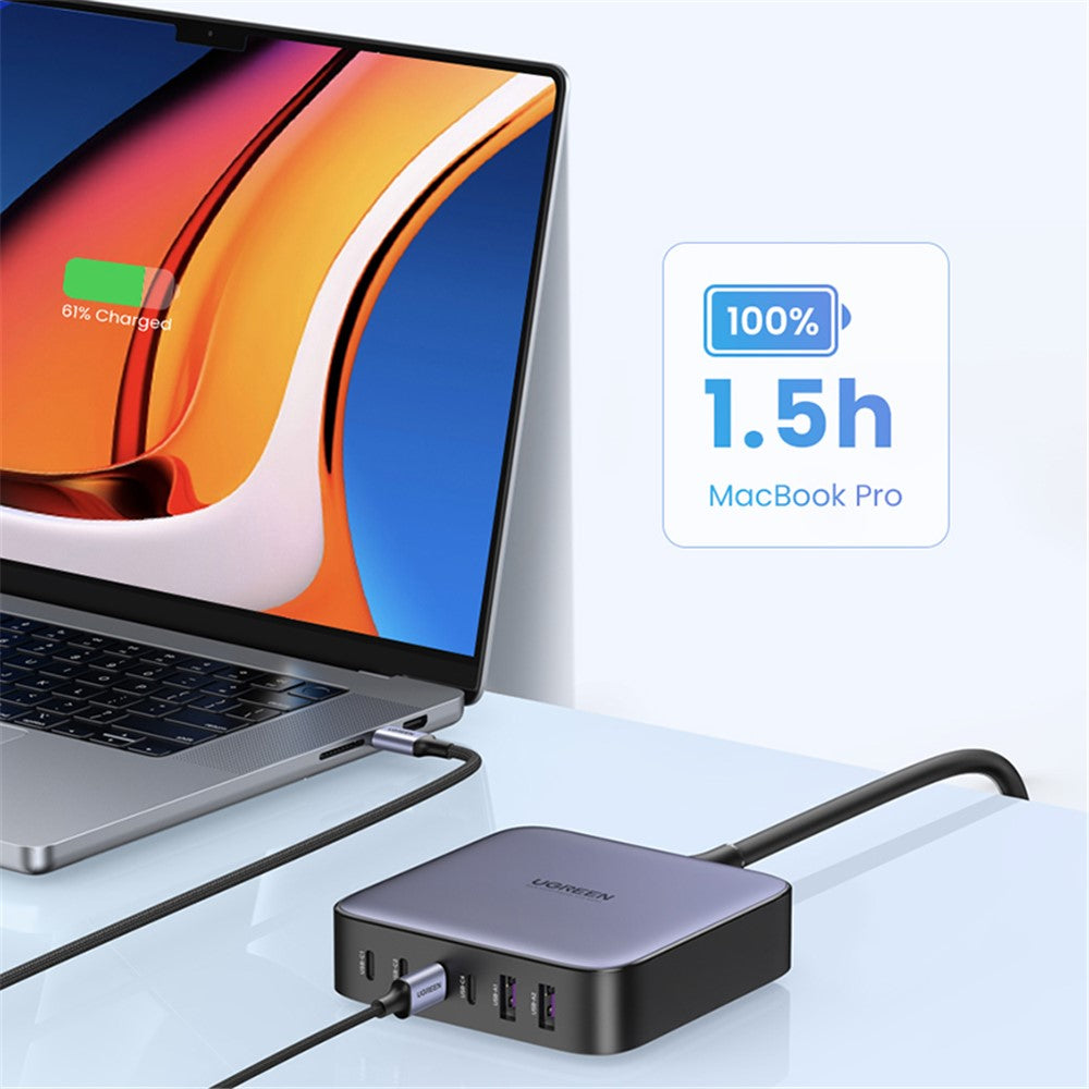 The charger connected to an open MacBook Pro, captioned 100 percent in 1.5 hours