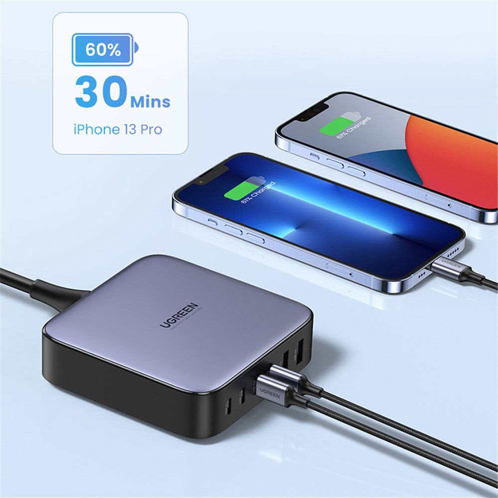 The charger powering two phones at once, captioned 60 percent in 30 minutes for iPhone 13 Pro
