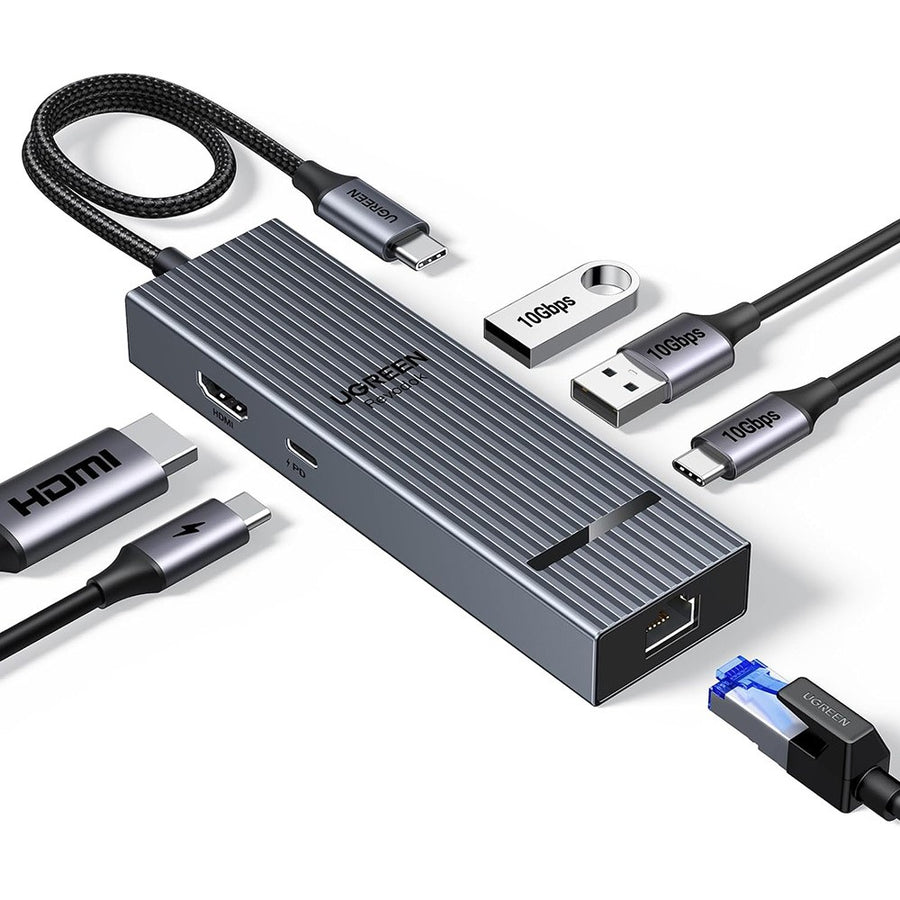 UGREEN 45364 6-in-1 USB-C hub in grey aluminium, angled to show HDMI, USB-A, USB-C and Ethernet cables plugged in