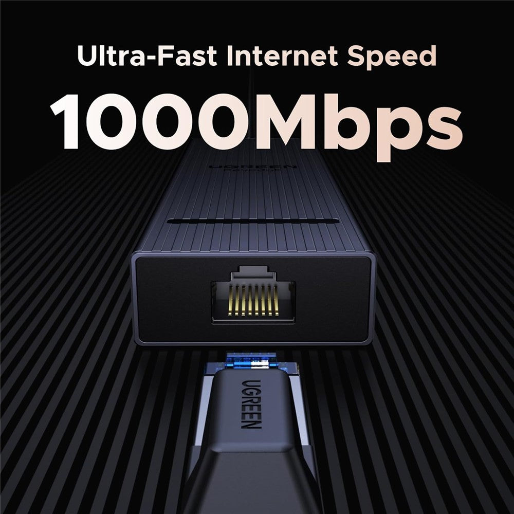 Close-up of the hub's Gigabit Ethernet port with an RJ45 cable inserted, captioned 1000Mbps