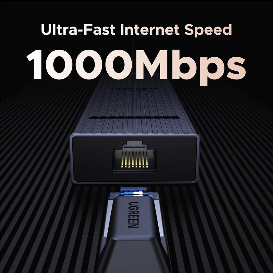 Close-up of the hub's Gigabit Ethernet port with an RJ45 cable inserted, captioned 1000Mbps