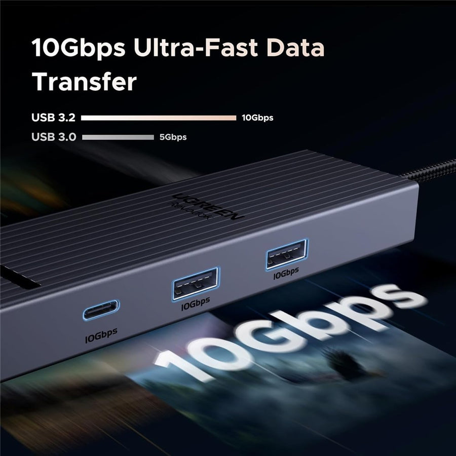 The hub's USB-C 3.2 and two USB-A 3.2 ports, captioned 10Gbps against a 5Gbps USB 3.0 comparison bar