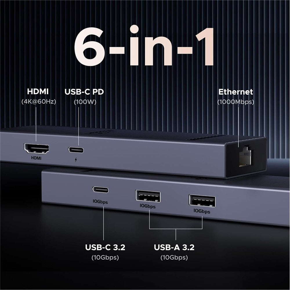 Port diagram naming all six connections: HDMI 4K 60Hz, USB-C PD 100W, Ethernet 1000Mbps, USB-C 3.2 and two USB-A 3.2