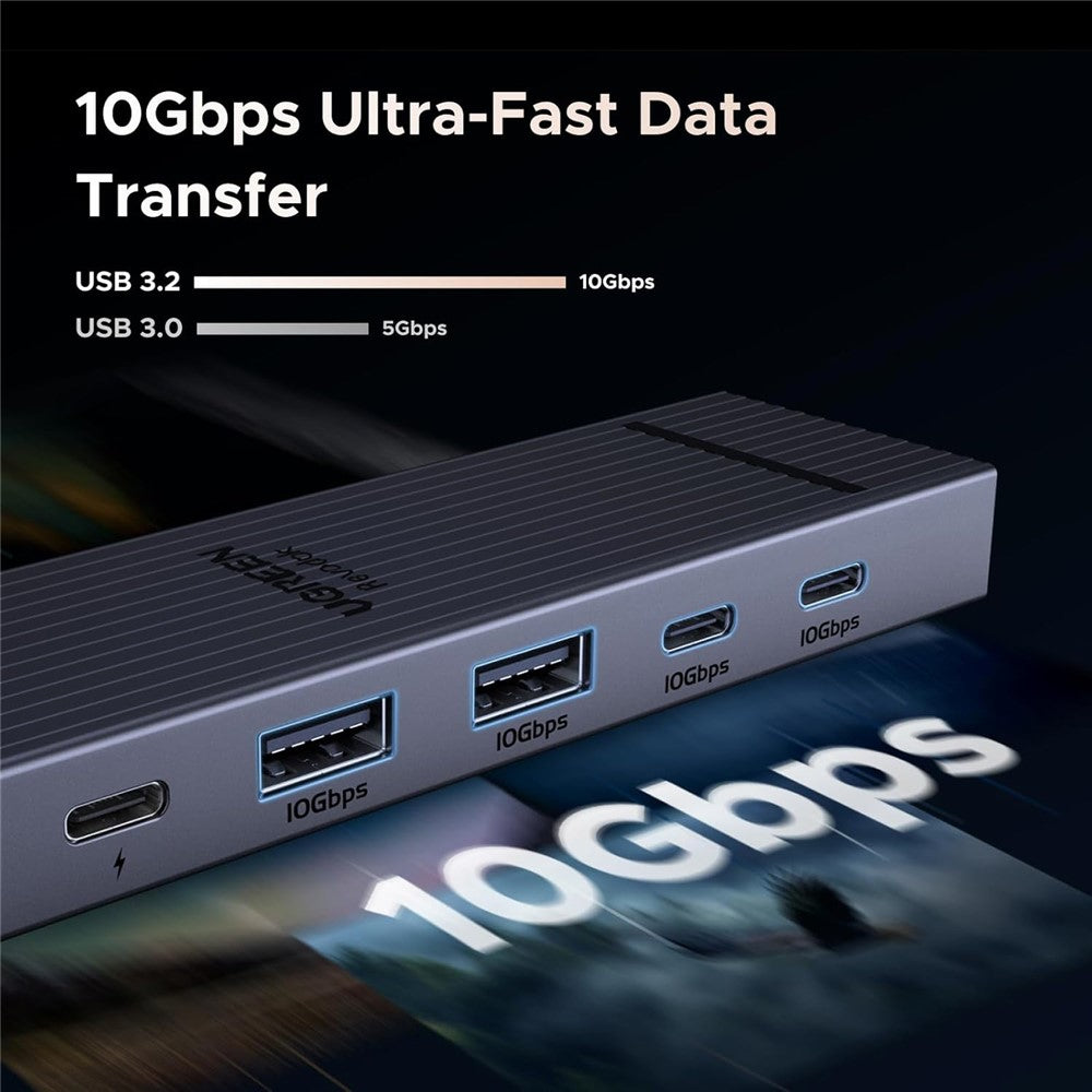 Close-up of the hub's port row comparing USB 3.2 at 10Gbps with USB 3.0 at 5Gbps