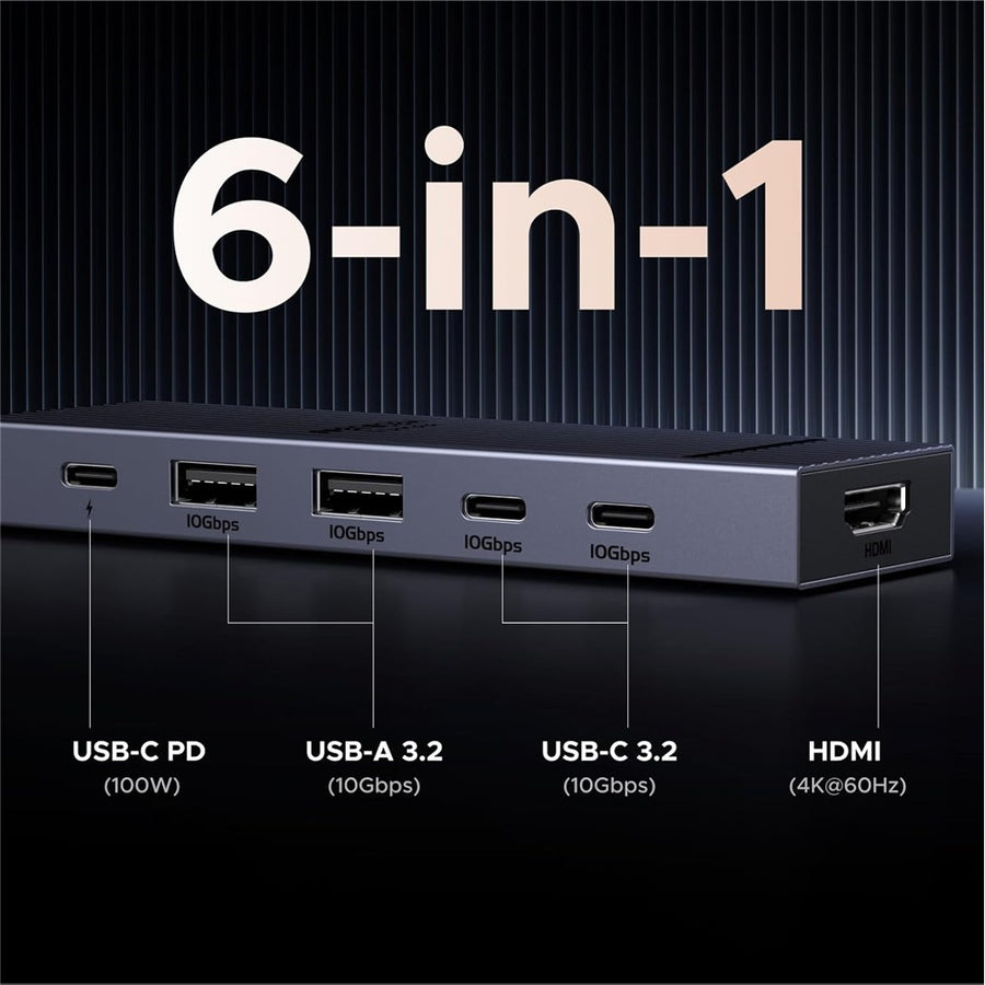 The hub's ports labelled 6-in-1: USB-C PD 100W, two USB-A 3.2 at 10Gbps, USB-C 3.2 at 10Gbps and HDMI at 4K 60Hz