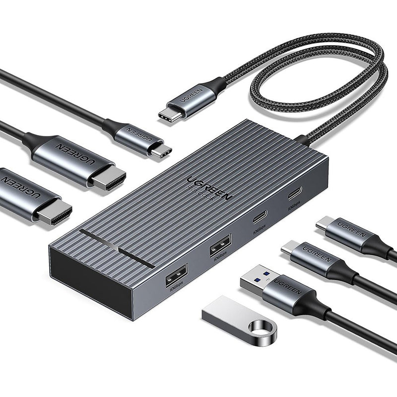 UGREEN 45365 7-in-1 USB-C dock in grey with HDMI, USB-A and USB-C cables fanned out around it