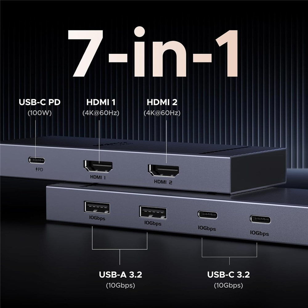 The dock's ports labelled 7-in-1: USB-C PD 100W, two HDMI at 4K 60Hz, two USB-A 3.2 and two USB-C 3.2 at 10Gbps