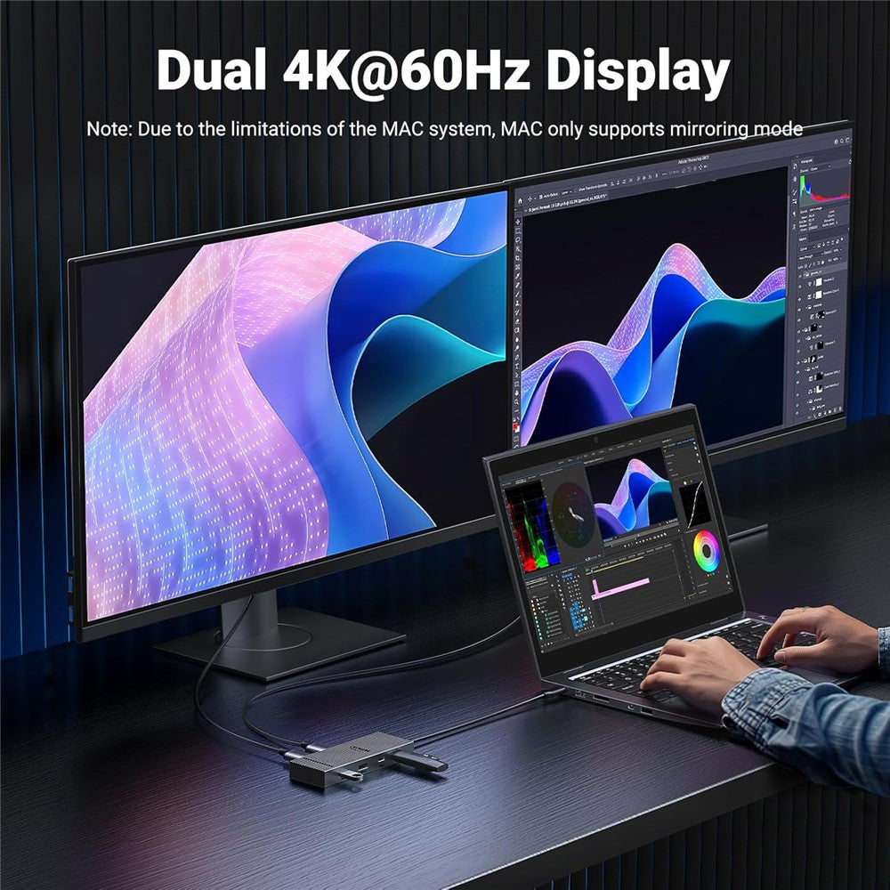 A laptop driving two external monitors through the dock, captioned dual 4K 60Hz display with a note that macOS only mirrors