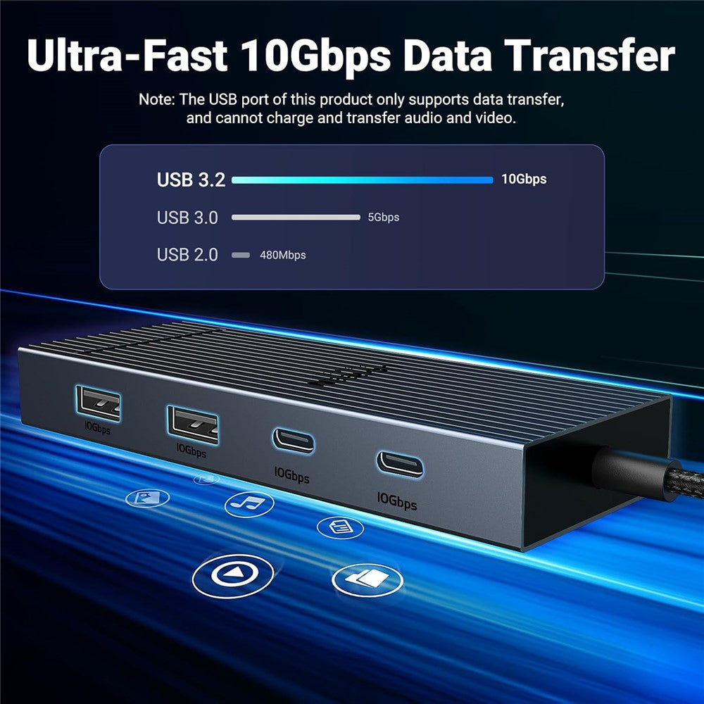 The dock's ports lit blue, comparing USB 3.2 at 10Gbps with USB 3.0 at 5Gbps and USB 2.0 at 480Mbps