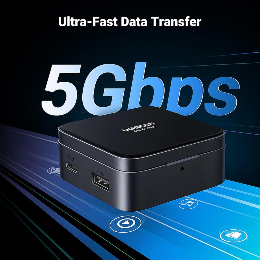 The folded hub on a dark surface, captioned ultra-fast data transfer at 5Gbps