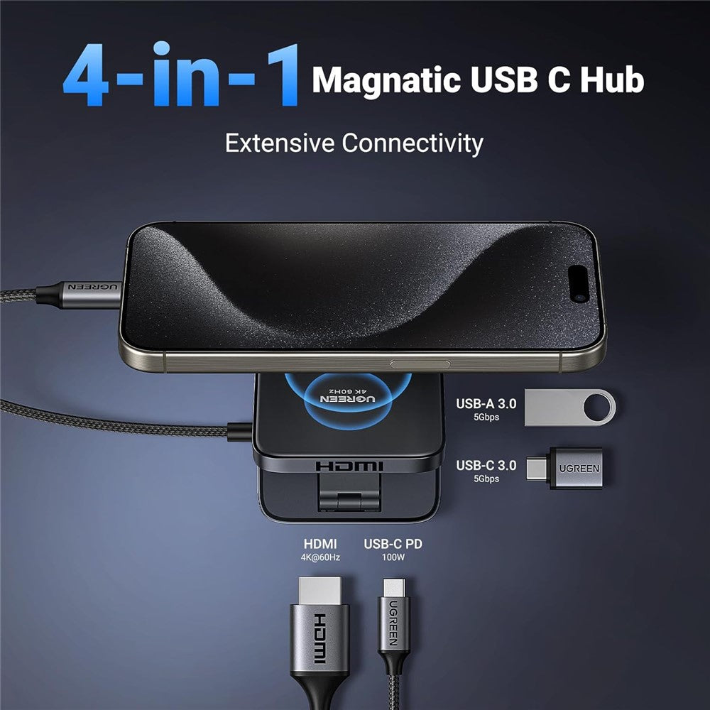 The hub attached to an iPhone with its ports labelled HDMI, USB-C PD 100W, USB-A 3.0 and USB-C 3.0 at 5Gbps