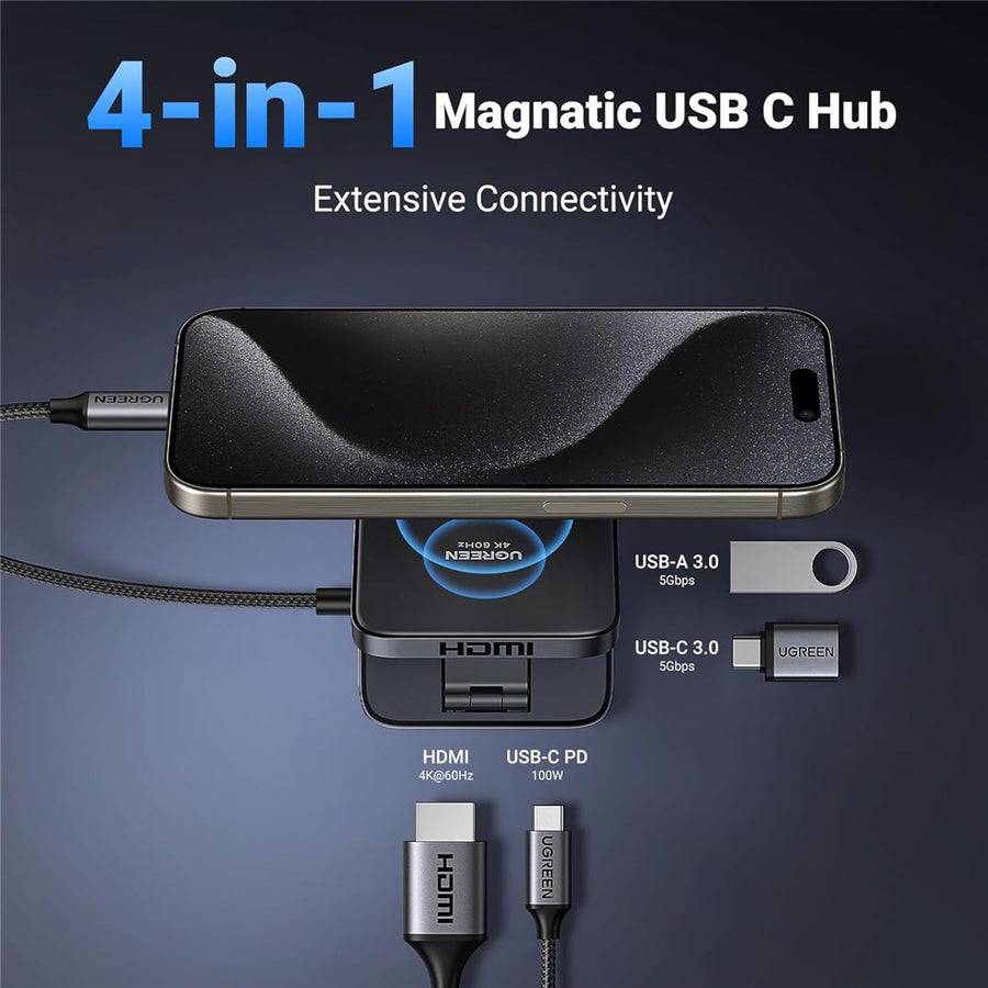 The hub attached to an iPhone with its ports labelled HDMI, USB-C PD 100W, USB-A 3.0 and USB-C 3.0 at 5Gbps