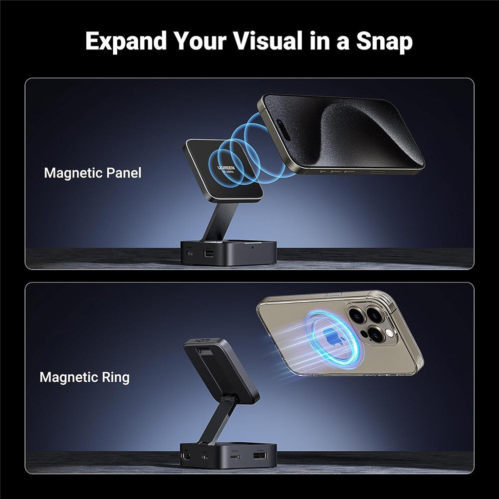 Two attachment methods shown: a magnetic panel and a magnetic ring, both snapping the hub to a phone back