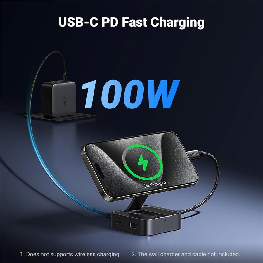 A phone charging on the unfolded hub, captioned USB-C PD fast charging 100W, with notes that wireless charging is unsupported and no wall charger is included