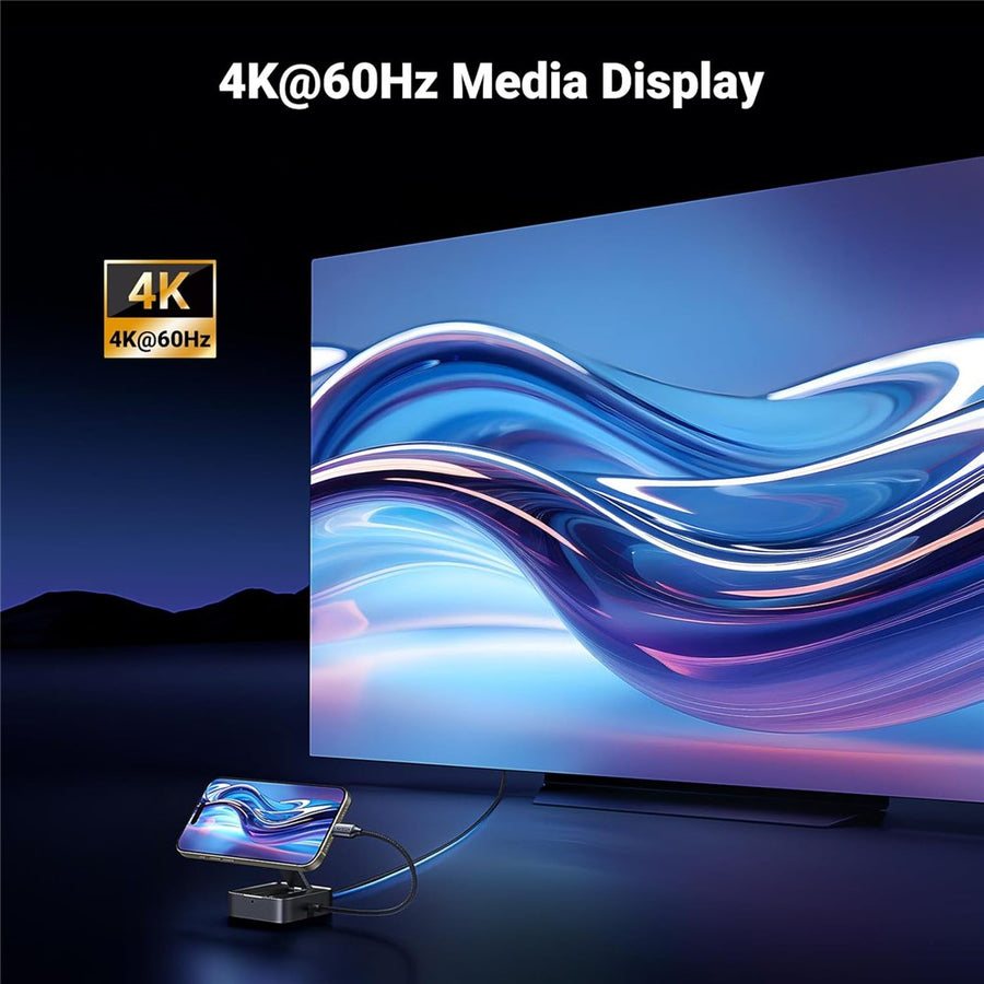 A phone on the hub driving an abstract image onto a large television, captioned 4K 60Hz media display