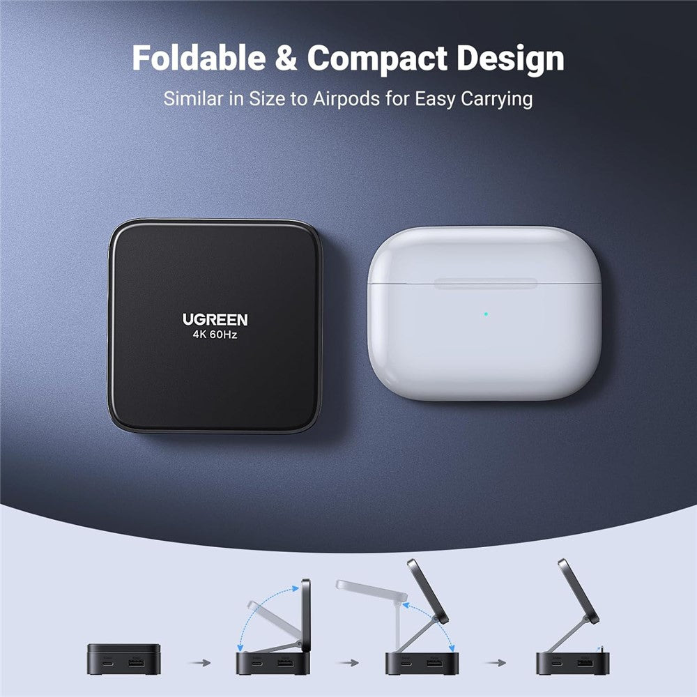 The folded hub beside an AirPods case for scale, above a four-step diagram of it unfolding into a stand