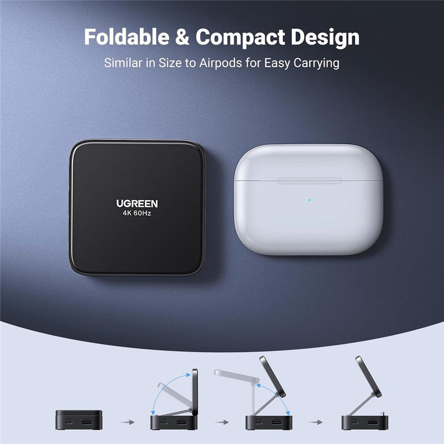 The folded hub beside an AirPods case for scale, above a four-step diagram of it unfolding into a stand
