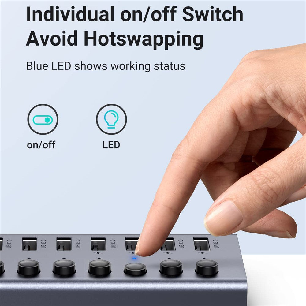 A finger pressing one of the hub's port switches, captioned individual on-off switch with a blue LED status light