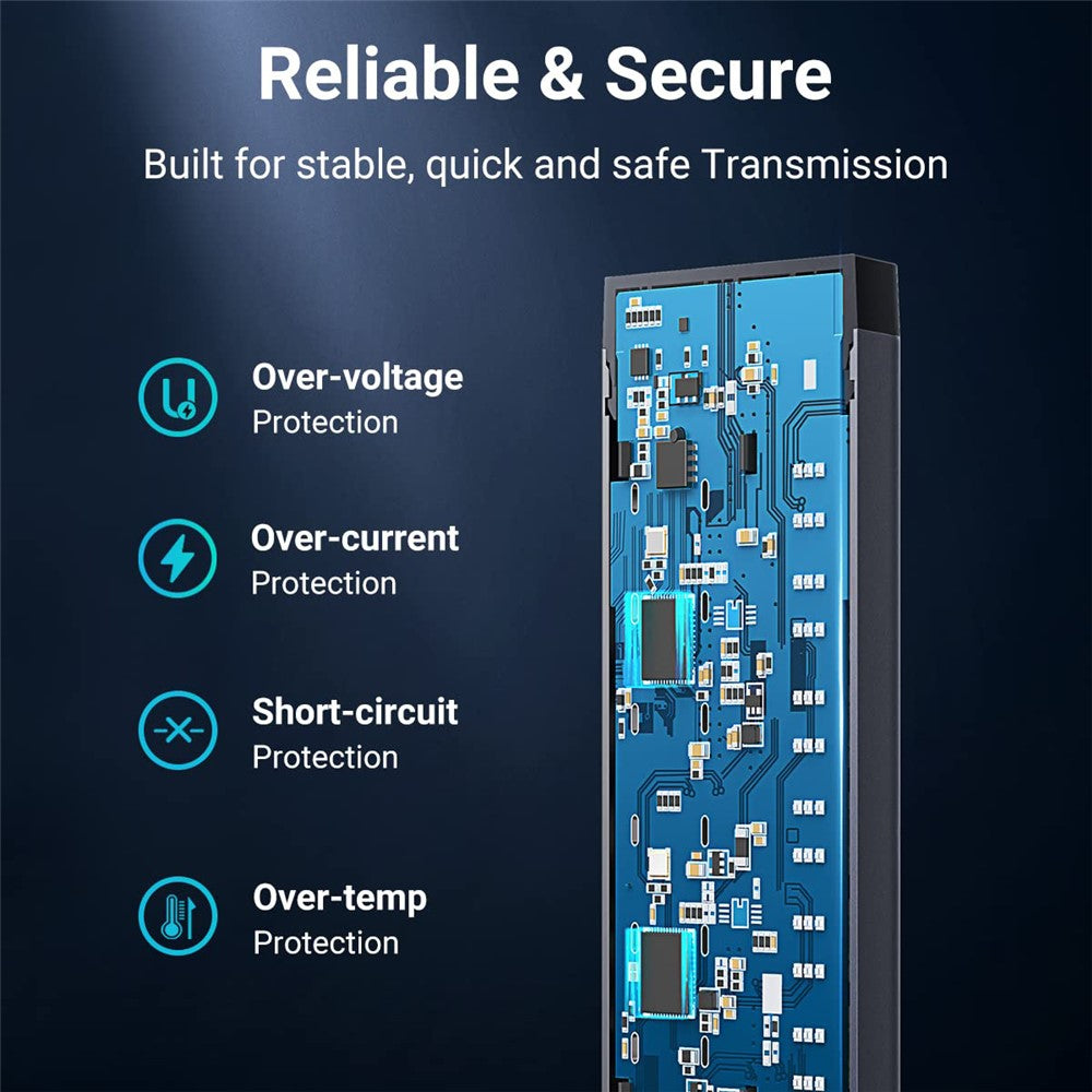 Cutaway of the hub's circuit board listing over-voltage, over-current, short-circuit and over-temperature protection