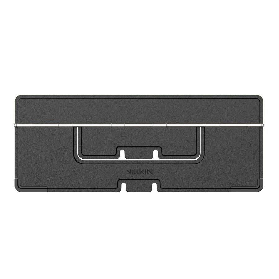 NILLKIN Dual Wing adhesive laptop stand in Black, folded flat and seen face on, with the Nillkin wordmark across the centre panel