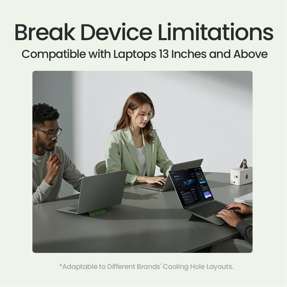 Nillkin slide headed Break Device Limitations, stating the stand is compatible with laptops 13 inches and above, over a photo of three people working at a table