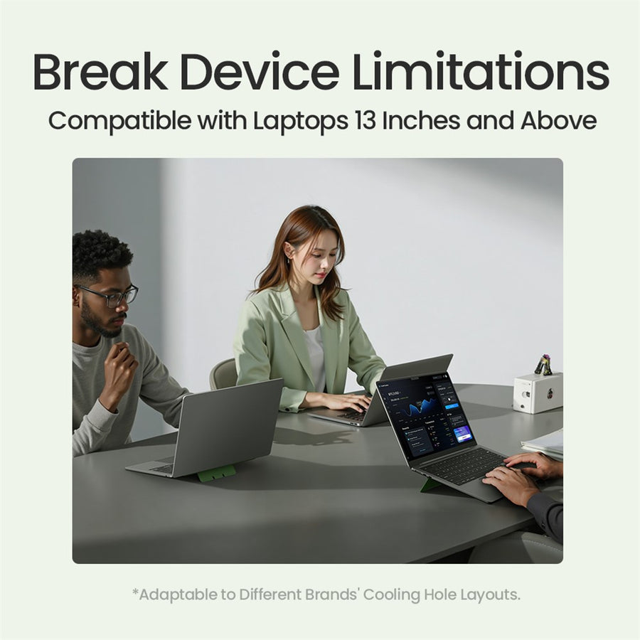 Nillkin slide headed Break Device Limitations, stating the stand is compatible with laptops 13 inches and above, over a photo of three people working at a table