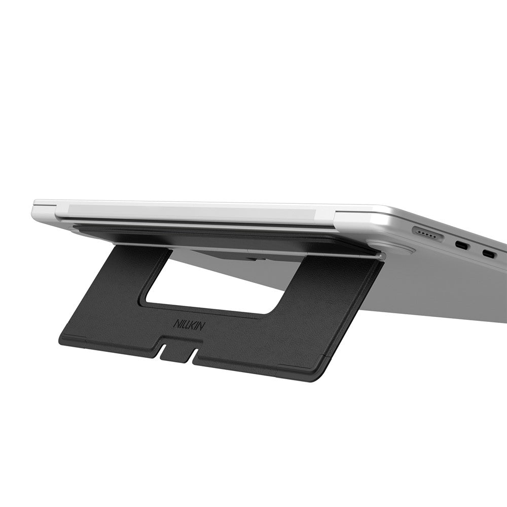 Silver laptop raised on the black Dual Wing stand, rear three-quarter view showing the open dual support arms