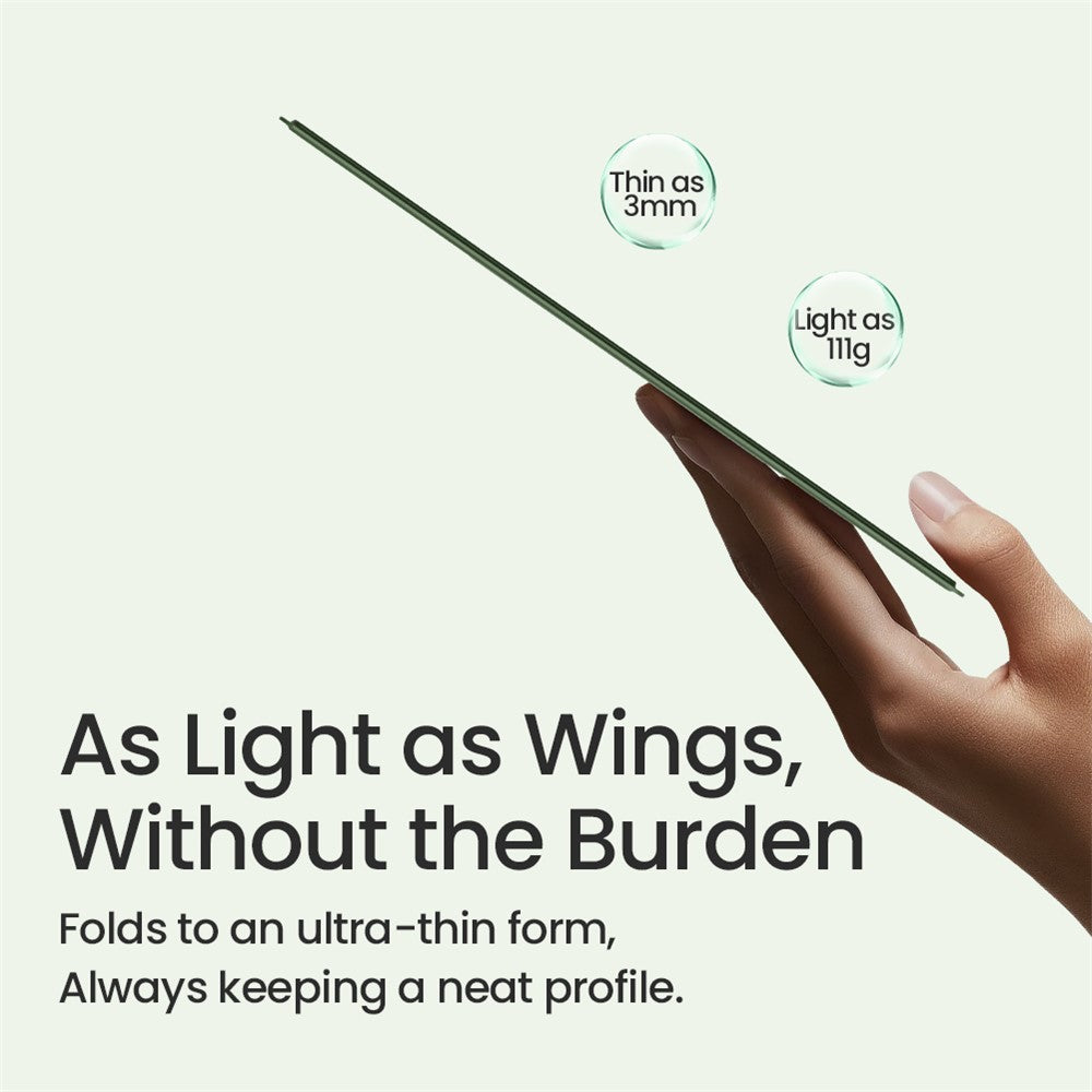 Nillkin slide headed As Light as Wings, Without the Burden, with a hand holding the folded stand and callouts reading thin as 3mm and light as 111g