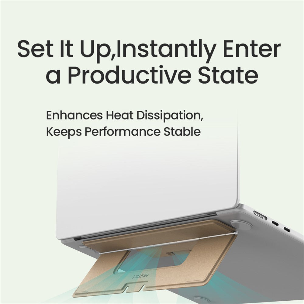 Nillkin slide headed Set It Up, Instantly Enter a Productive State, showing the stand raising a laptop to improve heat dissipation